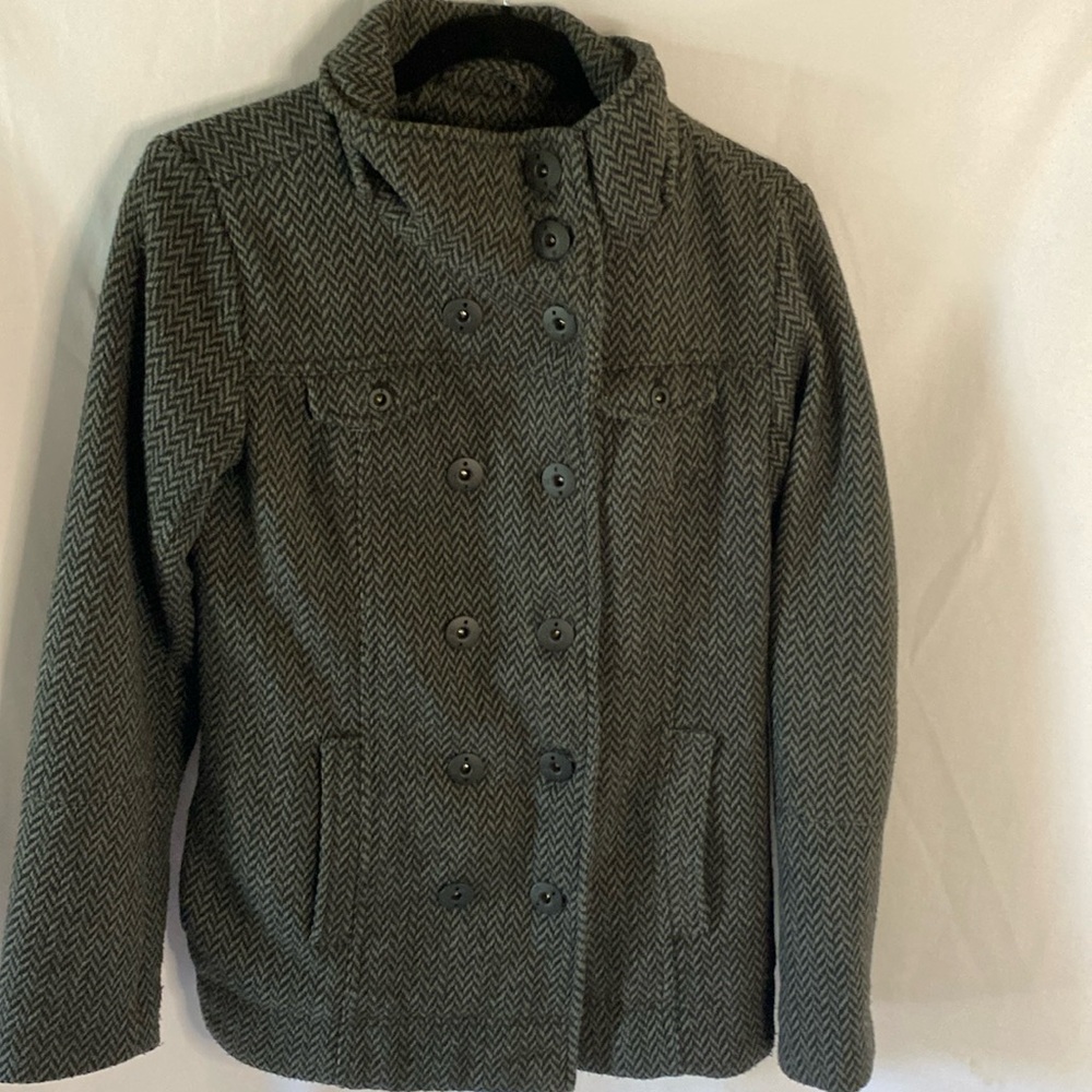 Women’s Hurley Warm Jacket Pea Coat High Neck Closure Seaming 10% Wool Small Gry